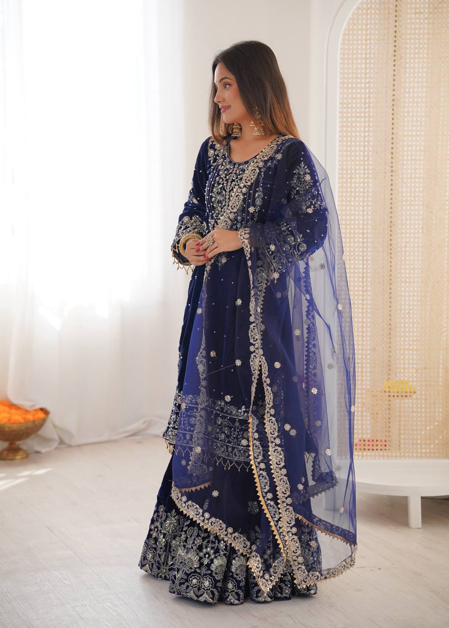 BLUE COLOR VISCOSE VELVET FESTIVAL WEAR EMBROIDERY WORK READYMADE SHARARA SUIT