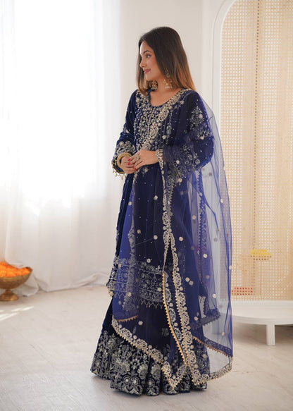 BLUE COLOR VISCOSE VELVET FESTIVAL WEAR EMBROIDERY WORK READYMADE SHARARA SUIT