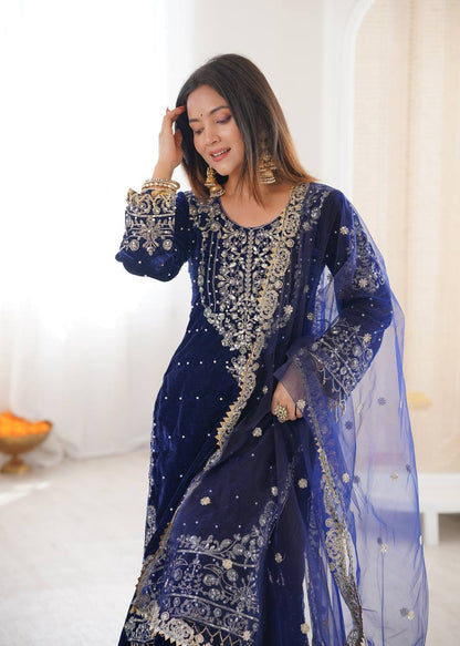 BLUE COLOR VISCOSE VELVET FESTIVAL WEAR EMBROIDERY WORK READYMADE SHARARA SUIT