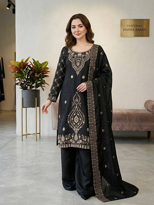 PREMIUM BLACK COLOR HANDWORK & EMBROIDERED WORK PLAZZO SUIT SET