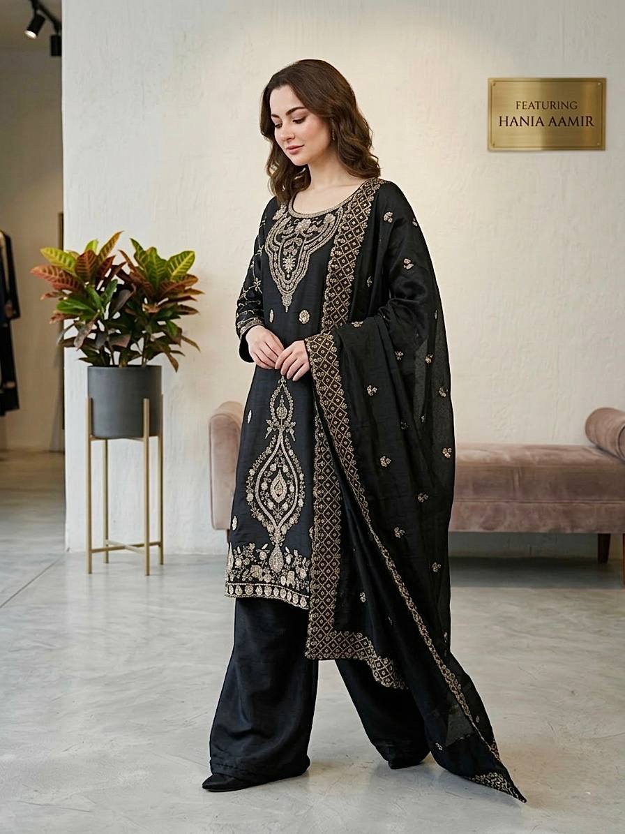 PREMIUM BLACK COLOR HANDWORK & EMBROIDERED WORK PLAZZO SUIT SET
