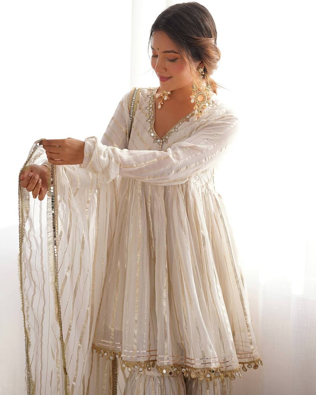WHITE MUL CHANDERI SILK REAL MIRROR & HADWORK SHARARA SET