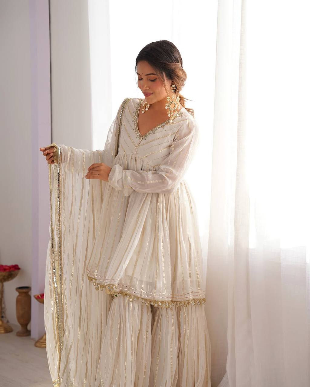 WHITE MUL CHANDERI SILK REAL MIRROR & HADWORK SHARARA SET