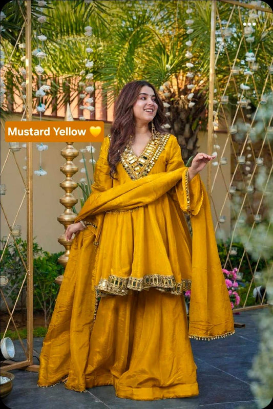 MUSTARD YELLOW COLOR CHINON SILK BASE SHARARA SET