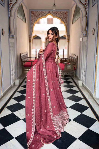 DUSTY ROSE COLOR MUL CHANDERI BASE EMBROIDERED GOWN