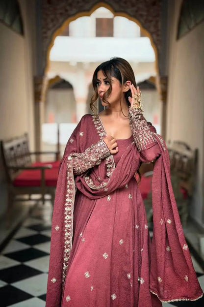 DUSTY ROSE COLOR MUL CHANDERI BASE EMBROIDERED GOWN