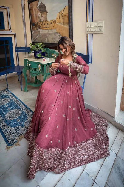 DUSTY ROSE COLOR MUL CHANDERI BASE EMBROIDERED GOWN