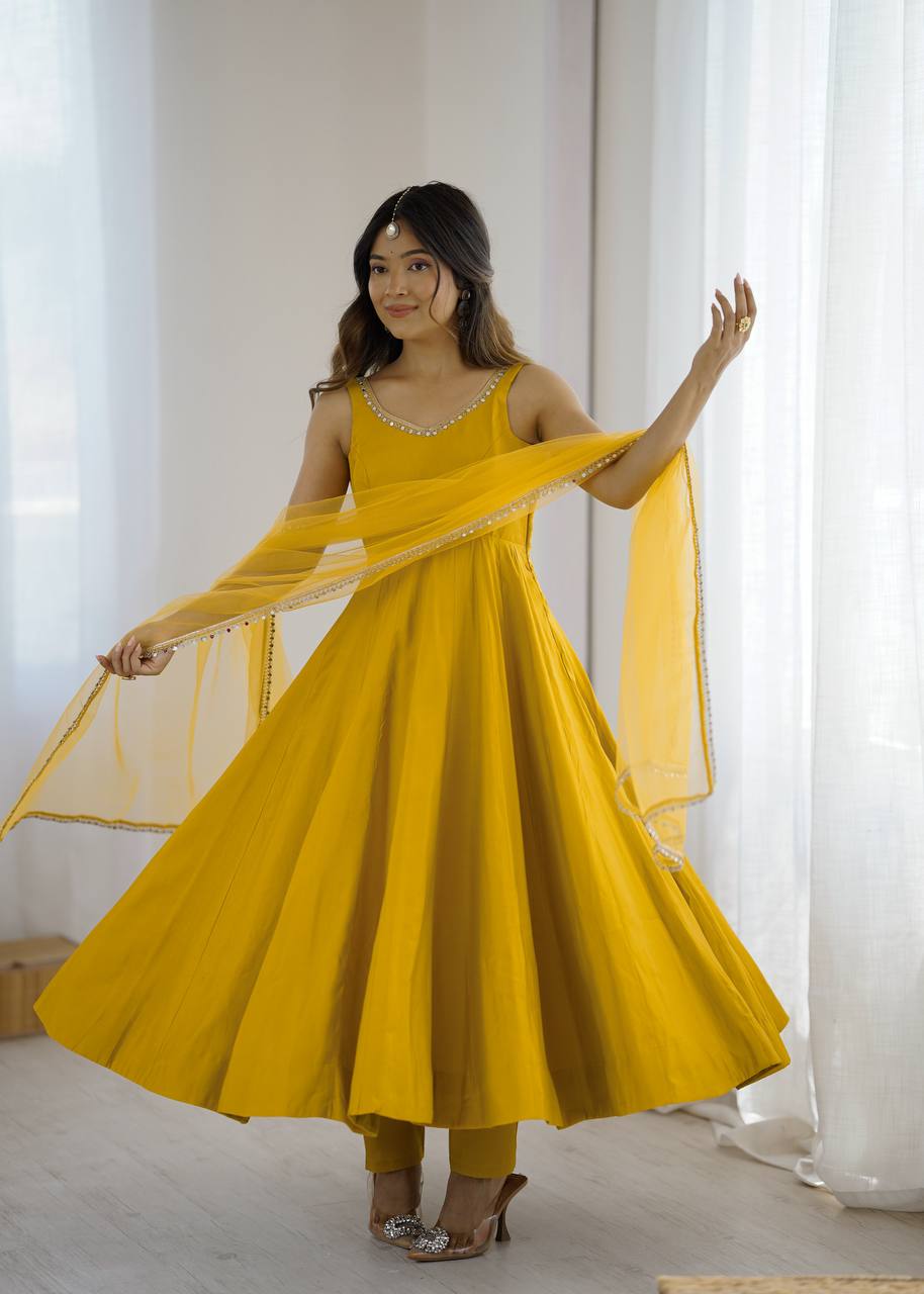 YELLOW COLOR PURE ROMANSILK CHANDERI FABRIC BASE FULLY FLAIR ANARKALI SUIT SET OF 3