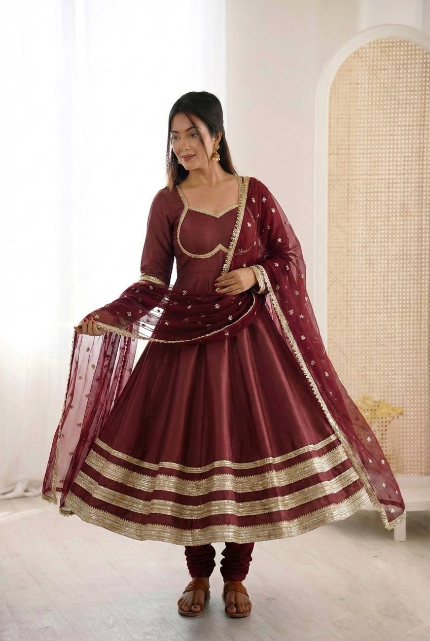 MAROON COLOR PARTY WEAR COSMOS GOLD EMBROIDERED ANARKALI SET