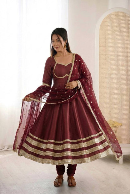MAROON COLOR PARTY WEAR COSMOS GOLD EMBROIDERED ANARKALI SET