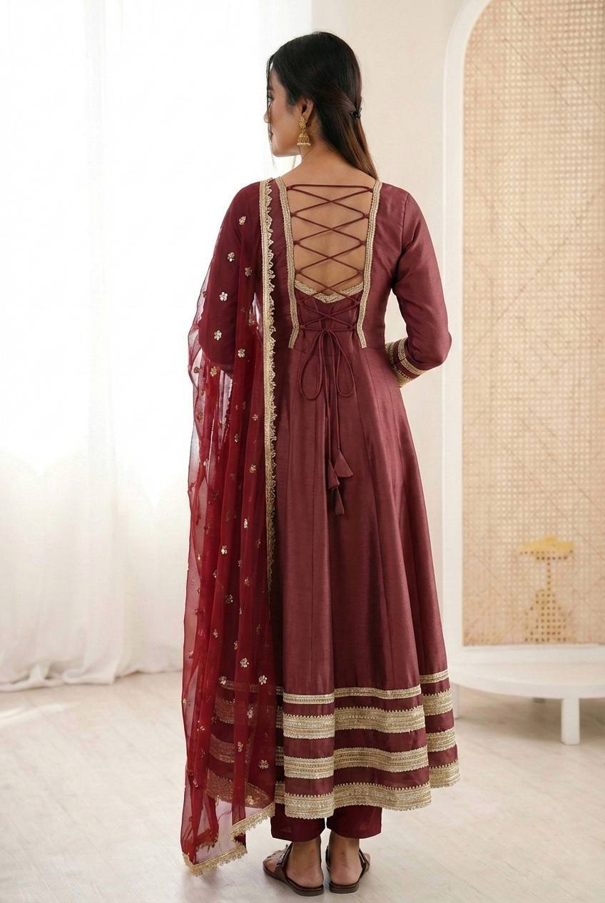 MAROON COLOR PARTY WEAR COSMOS GOLD EMBROIDERED ANARKALI SET