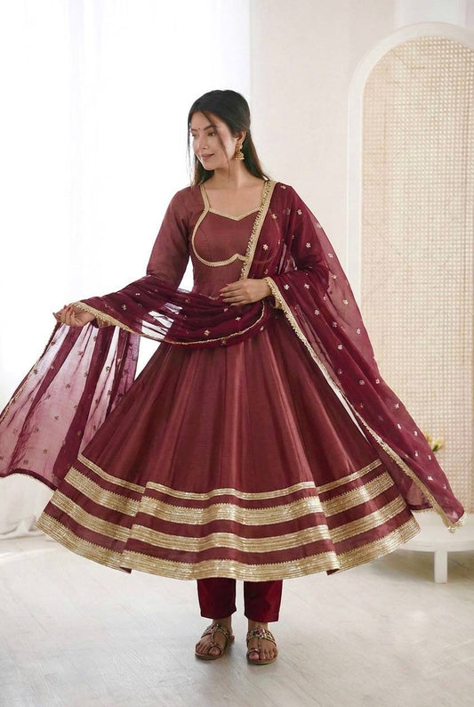 MAROON COLOR PARTY WEAR COSMOS GOLD EMBROIDERED ANARKALI SET