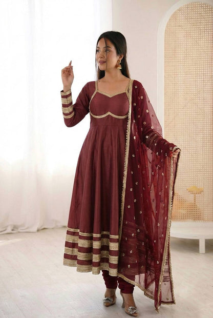 MAROON COLOR PARTY WEAR COSMOS GOLD EMBROIDERED ANARKALI SET