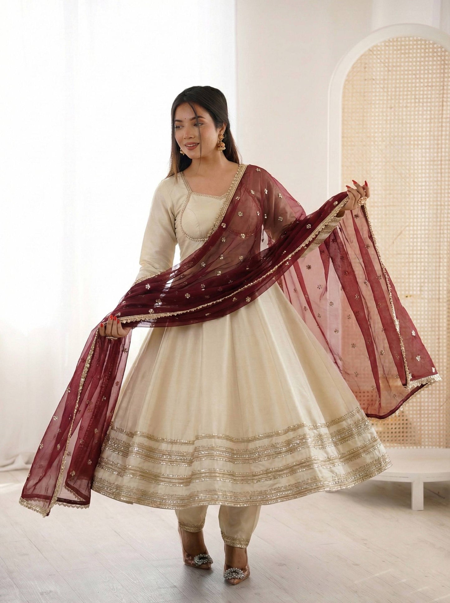 BEIGE COLOR PARTY WEAR COSMOS GOLD EMBROIDERED ANARKALI SET
