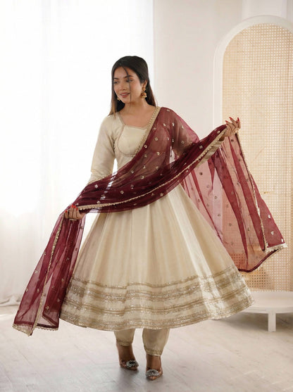 BEIGE COLOR PARTY WEAR COSMOS GOLD EMBROIDERED ANARKALI SET
