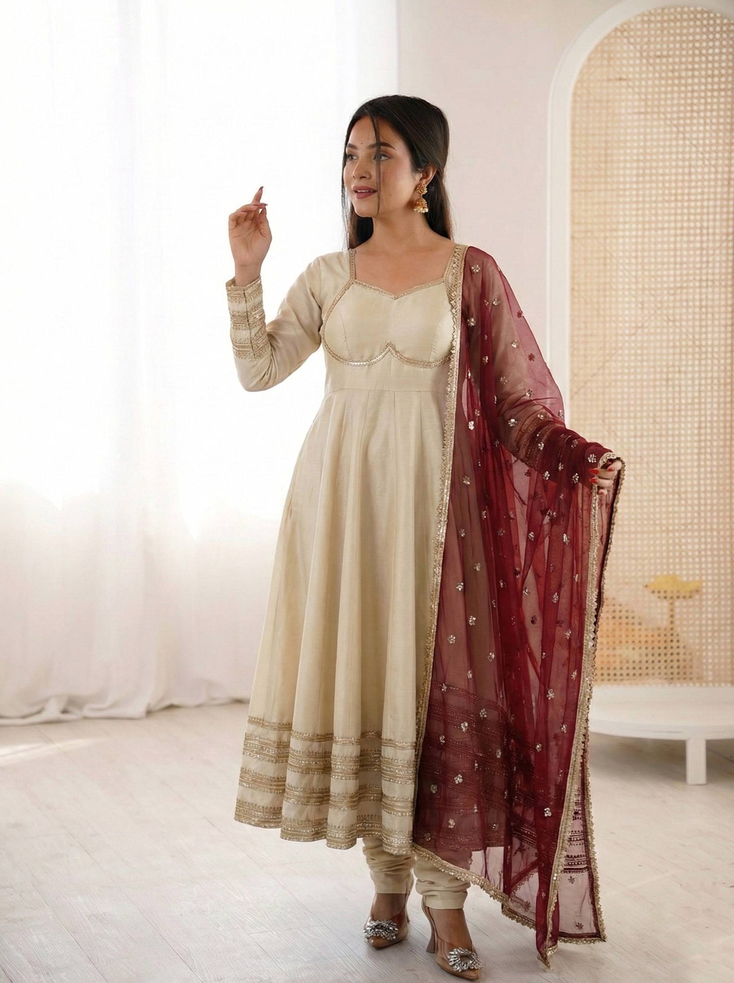 BEIGE COLOR PARTY WEAR COSMOS GOLD EMBROIDERED ANARKALI SET