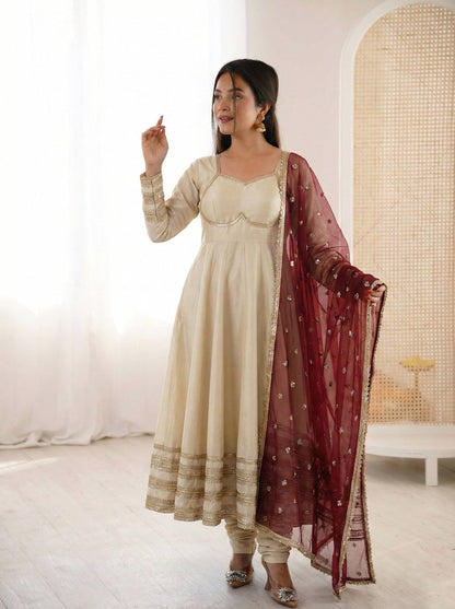 BEIGE COLOR PARTY WEAR COSMOS GOLD EMBROIDERED ANARKALI SET