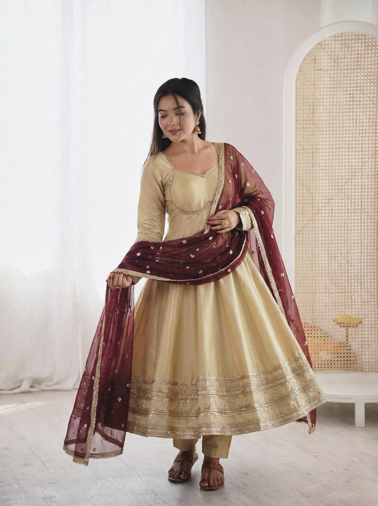 BEIGE COLOR PARTY WEAR COSMOS GOLD EMBROIDERED ANARKALI SET