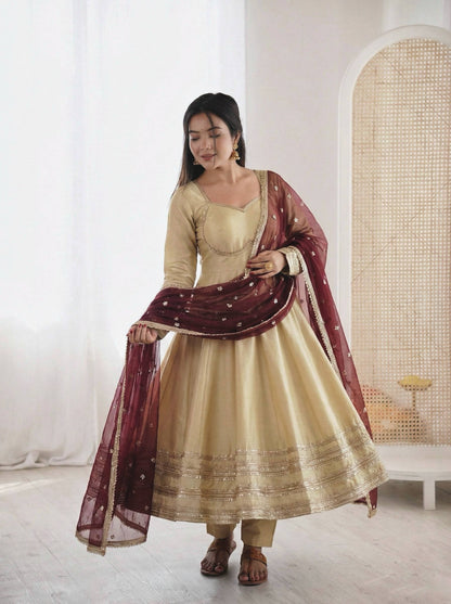BEIGE COLOR PARTY WEAR COSMOS GOLD EMBROIDERED ANARKALI SET