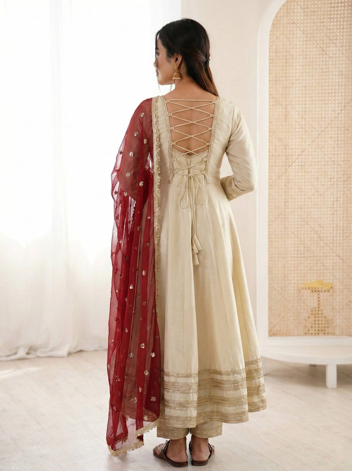 BEIGE COLOR PARTY WEAR COSMOS GOLD EMBROIDERED ANARKALI SET