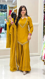 DESIGNER MUSTARD YELLOW ROMAN GLASS SILK EMBROIDERED SHARARA SUIT SET
