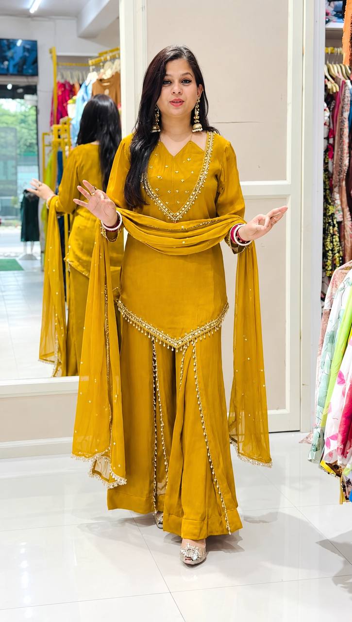 DESIGNER MUSTARD YELLOW ROMAN GLASS SILK EMBROIDERED SHARARA SUIT SET