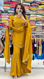 DESIGNER MUSTARD YELLOW ROMAN GLASS SILK EMBROIDERED SHARARA SUIT SET