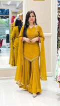 DESIGNER MUSTARD YELLOW ROMAN GLASS SILK EMBROIDERED SHARARA SUIT SET