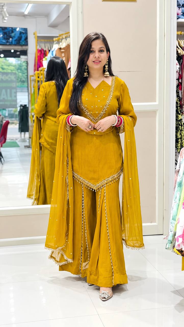 DESIGNER MUSTARD YELLOW ROMAN GLASS SILK EMBROIDERED SHARARA SUIT SET