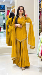 DESIGNER MUSTARD YELLOW ROMAN GLASS SILK EMBROIDERED SHARARA SUIT SET