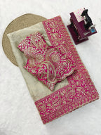 ROSE PINK & IVORY GLASS ORGANZA SILK EMBROIDERED SAREE WITH MATCHING BLOUSE