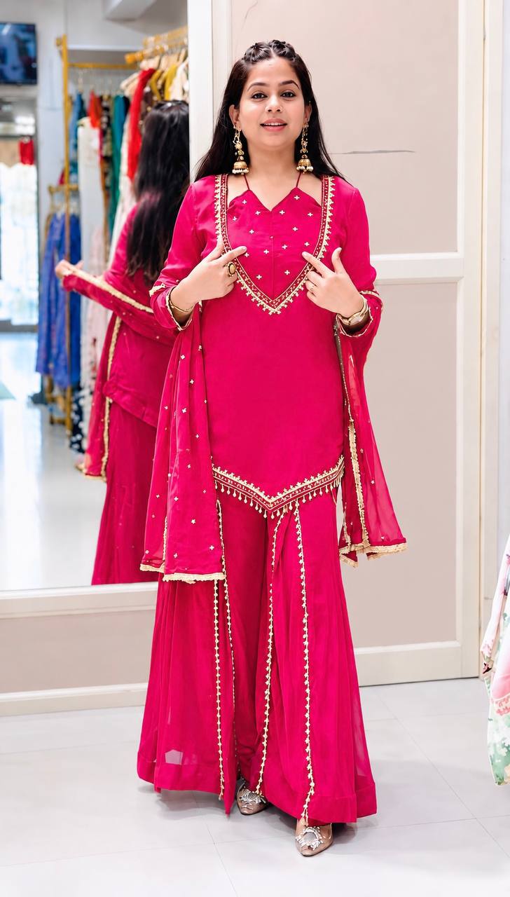 DESIGNER PINK ROMAN GLASS SILK EMBROIDERED SHARARA SUIT SET