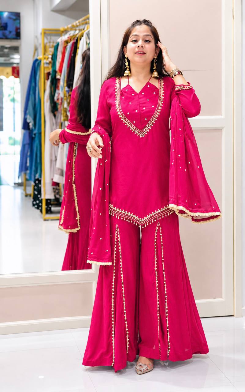 DESIGNER PINK ROMAN GLASS SILK EMBROIDERED SHARARA SUIT SET