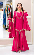 DESIGNER PINK ROMAN GLASS SILK EMBROIDERED SHARARA SUIT SET