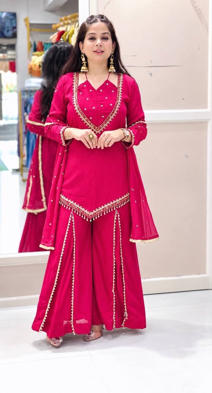 DESIGNER PINK ROMAN GLASS SILK EMBROIDERED SHARARA SUIT SET