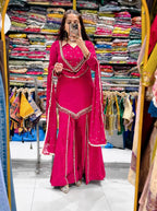 DESIGNER PINK ROMAN GLASS SILK EMBROIDERED SHARARA SUIT SET