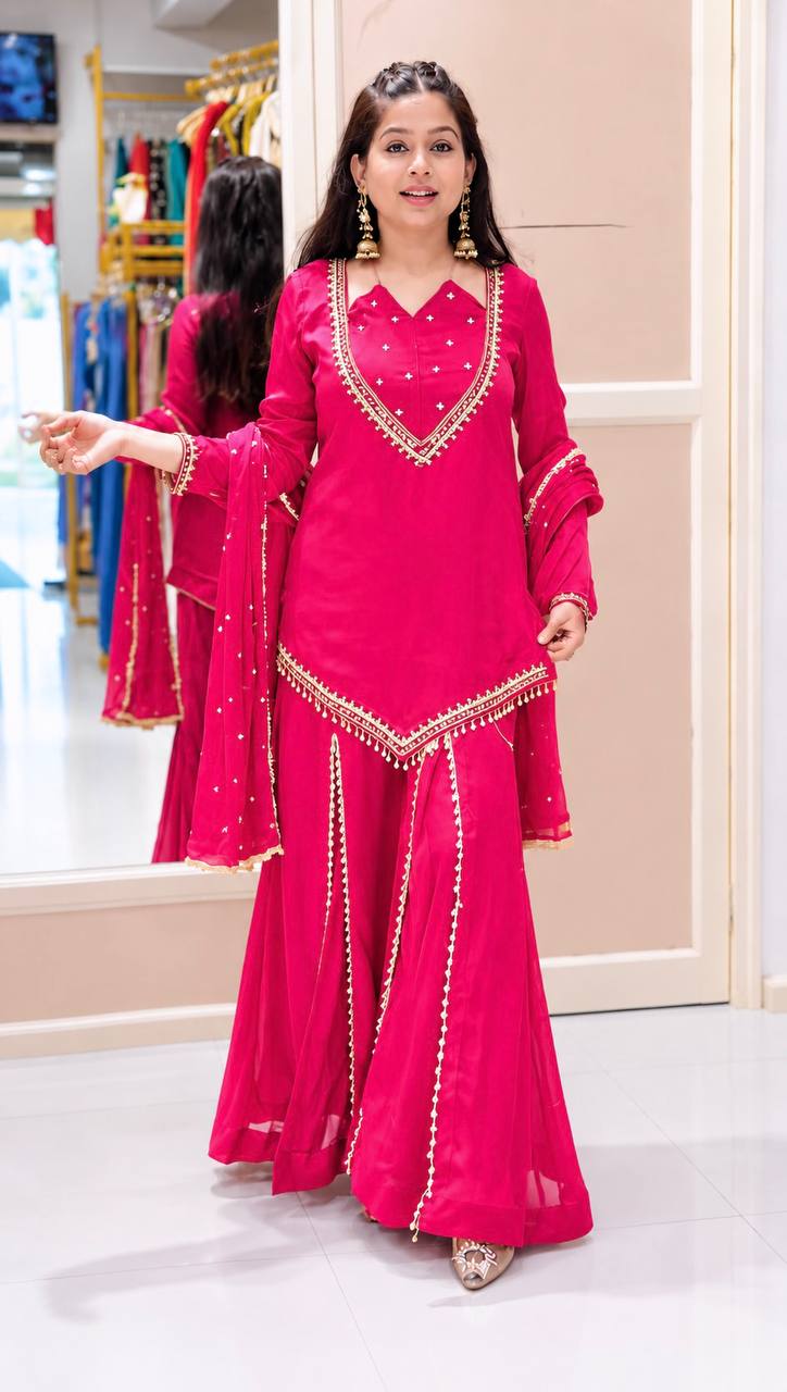 DESIGNER PINK ROMAN GLASS SILK EMBROIDERED SHARARA SUIT SET