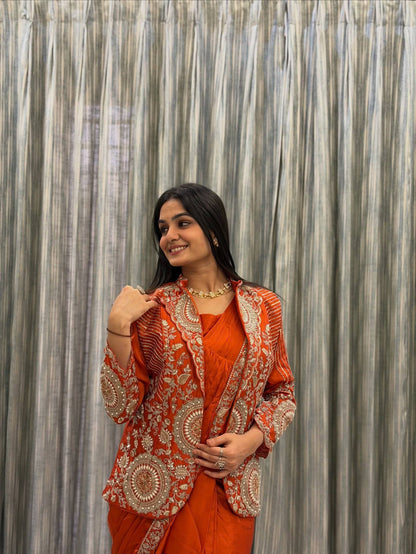 ORANGE RANGOLI SILK READY TO WEAR SAREE WITH EMBROIDERED JACKET