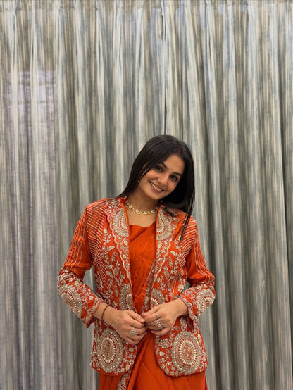 ORANGE RANGOLI SILK READY TO WEAR SAREE WITH EMBROIDERED JACKET