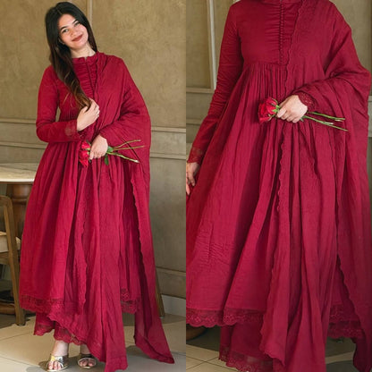ARABIAN RED ROMAN SILK EMBROIDERED ANARKALI SET