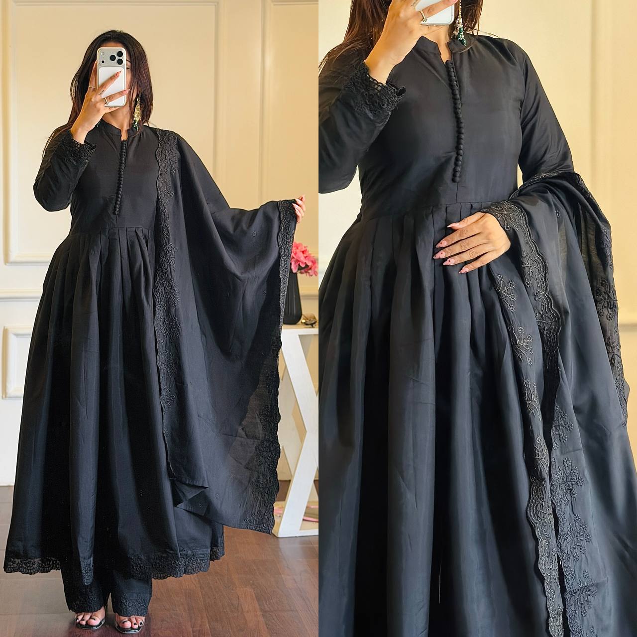 BLACK ROMAN SILK EMBROIDERED ANARKALI SET