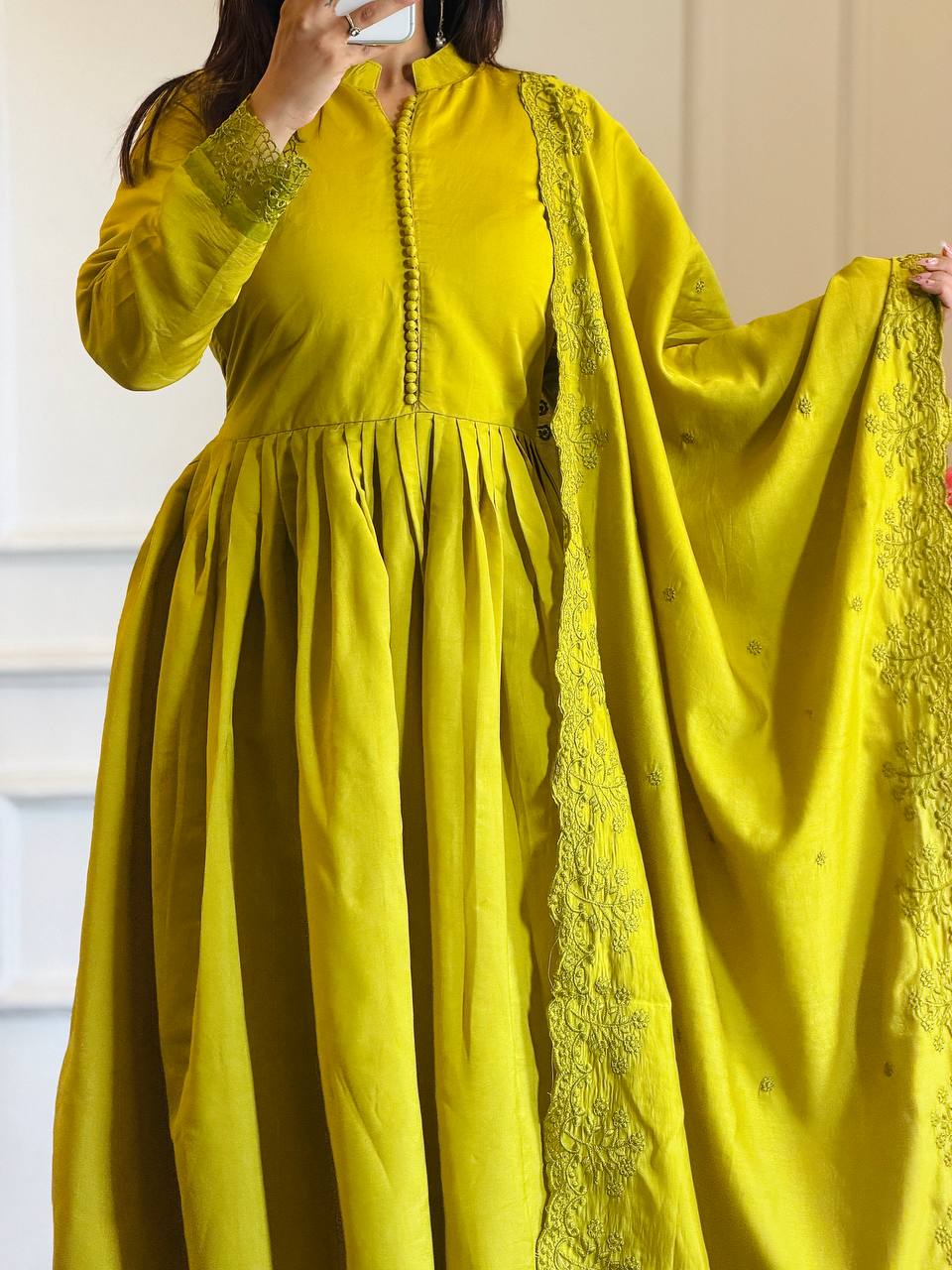 YELLOW ROMAN SILK EMBROIDERED ANARKALI SET