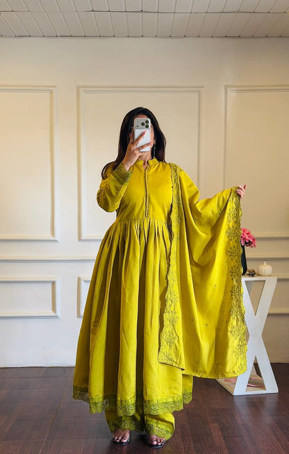 YELLOW ROMAN SILK EMBROIDERED ANARKALI SET