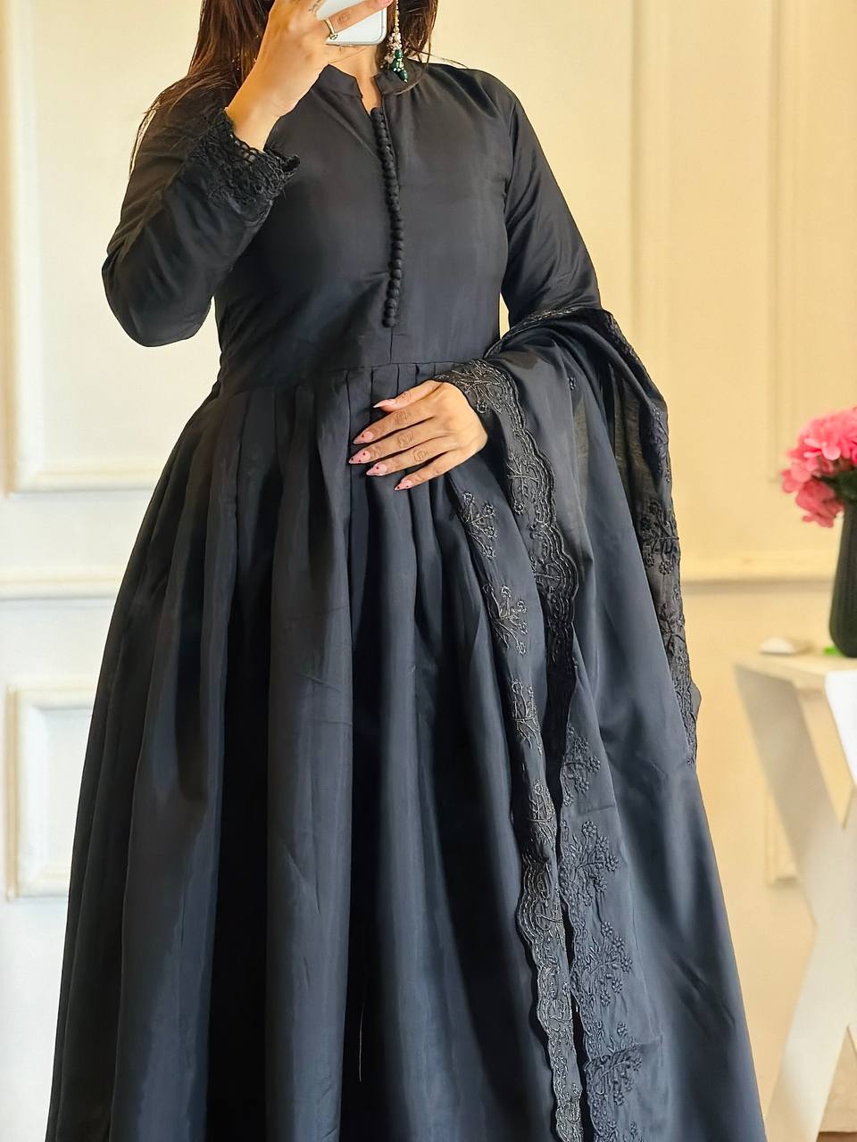 BLACK ROMAN SILK EMBROIDERED ANARKALI SET