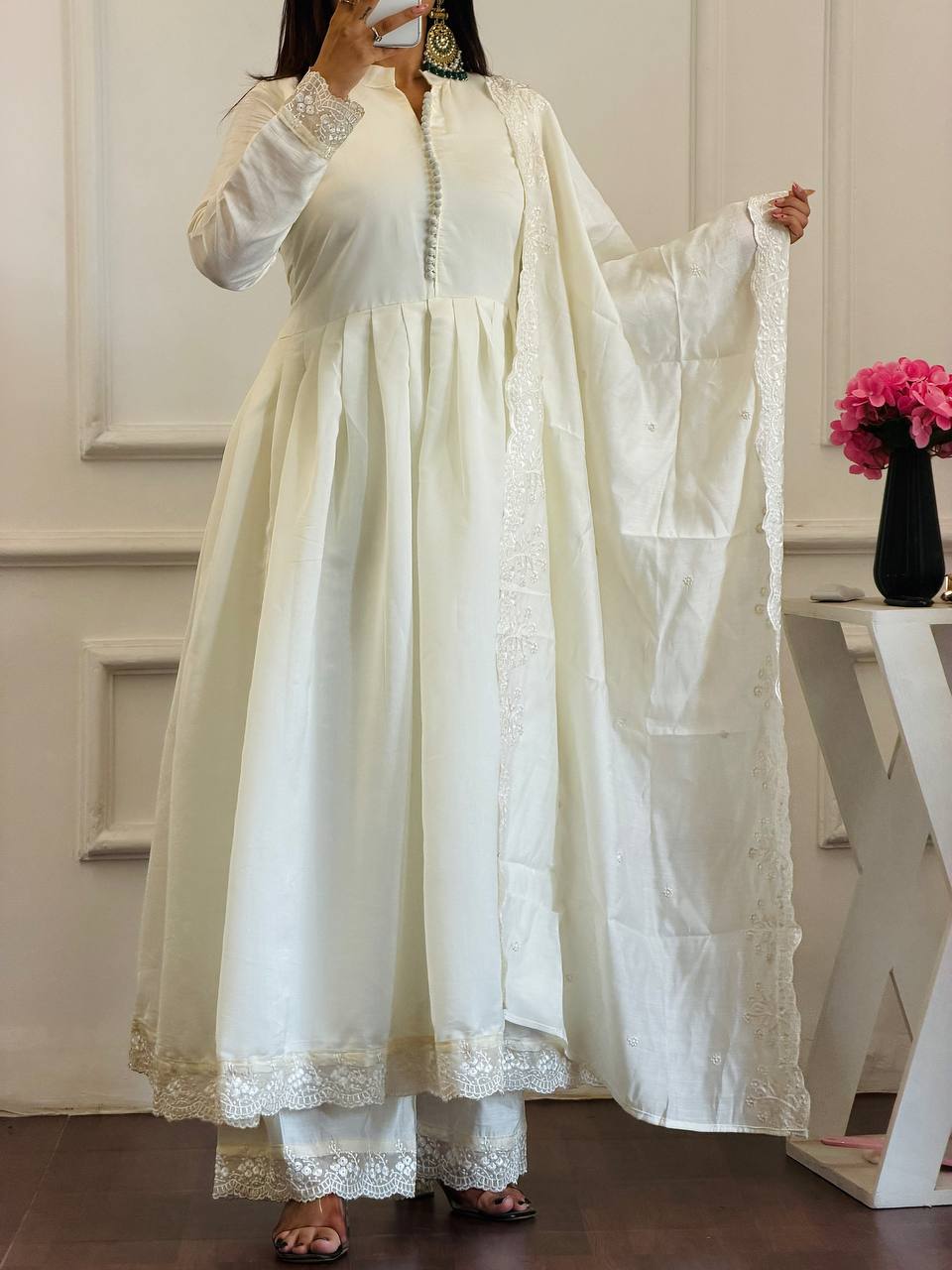 WHITE ROMAN SILK EMBROIDERED ANARKALI SET