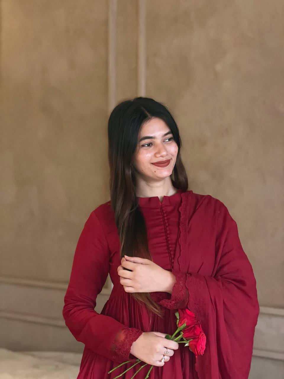 ARABIAN RED ROMAN SILK EMBROIDERED ANARKALI SET