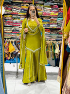 DESIGNER OLIVE GREEN ROMAN GLASS SILK EMBROIDERED SHARARA SUIT SET