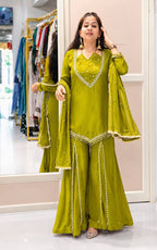 DESIGNER OLIVE GREEN ROMAN GLASS SILK EMBROIDERED SHARARA SUIT SET