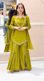 DESIGNER OLIVE GREEN ROMAN GLASS SILK EMBROIDERED SHARARA SUIT SET