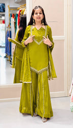 DESIGNER OLIVE GREEN ROMAN GLASS SILK EMBROIDERED SHARARA SUIT SET